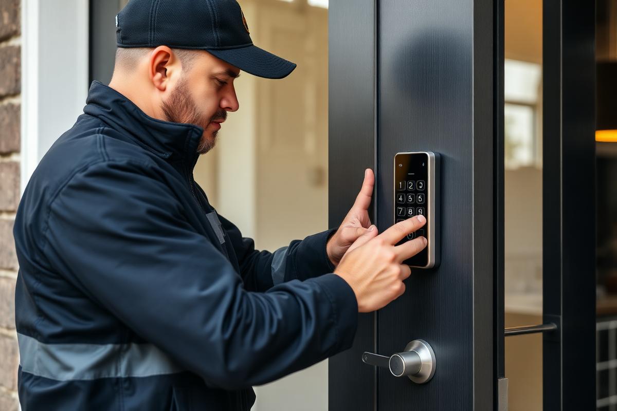 Locksmith installing a smart keypad lock on a modern front door