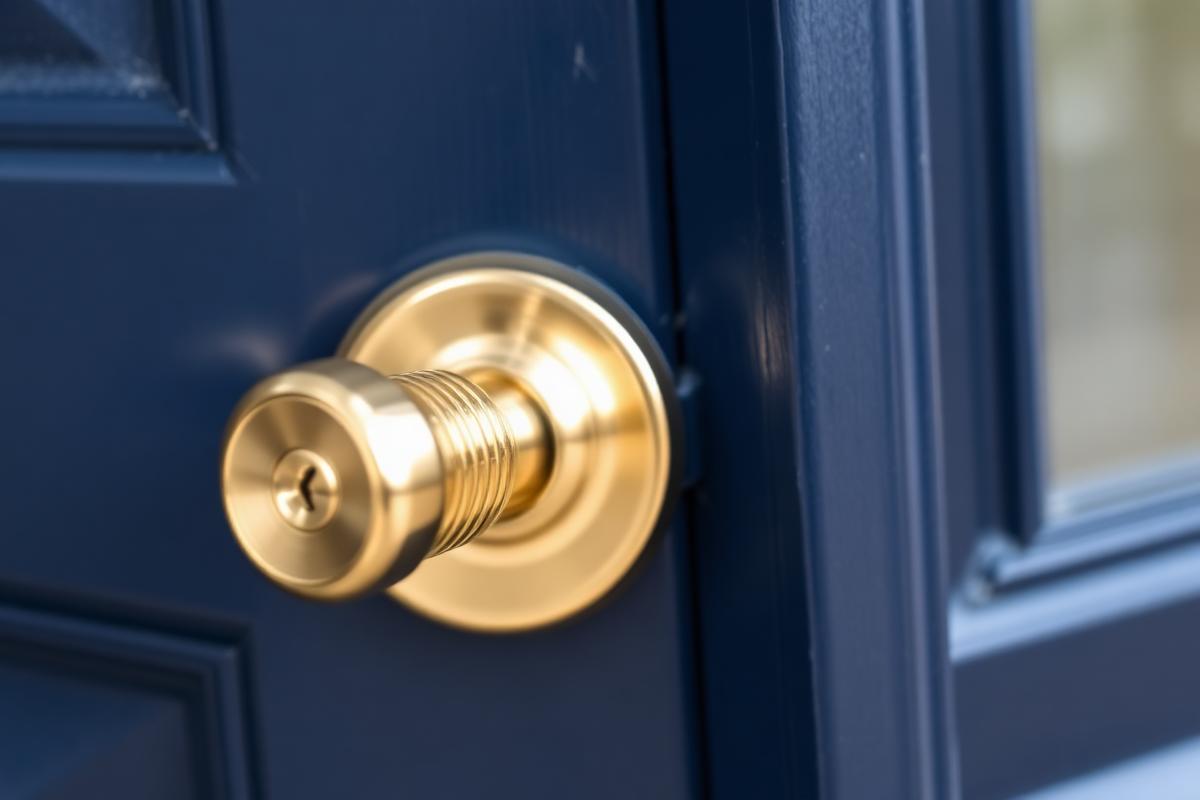 Polished brass deadbolt installed on a navy blue residential door
