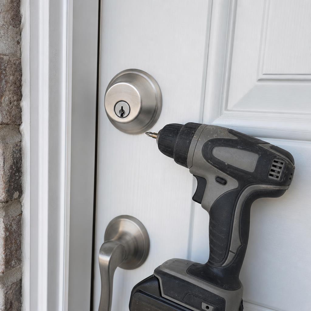 Technician installing a commercial lock cylinder on a metal door