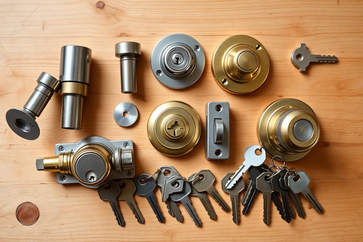 Assortment of brass and silver lock cylinders and keys on a workbench