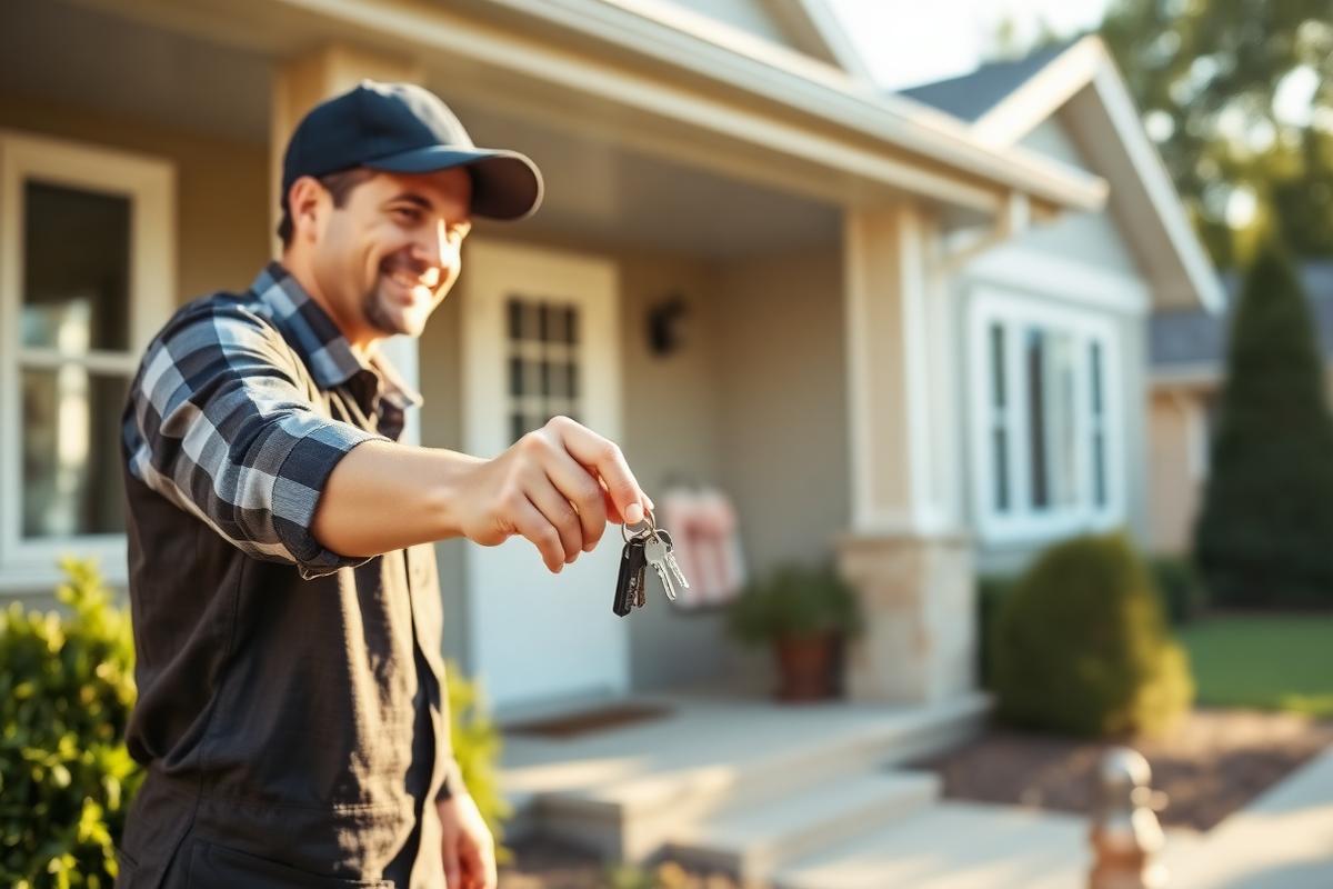 Locksmith handing newly cut keys to a homeowner outside a Skokie home